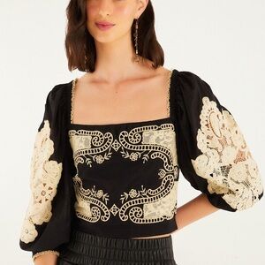 NWT Farm Rio Black Lace Blouse Size M